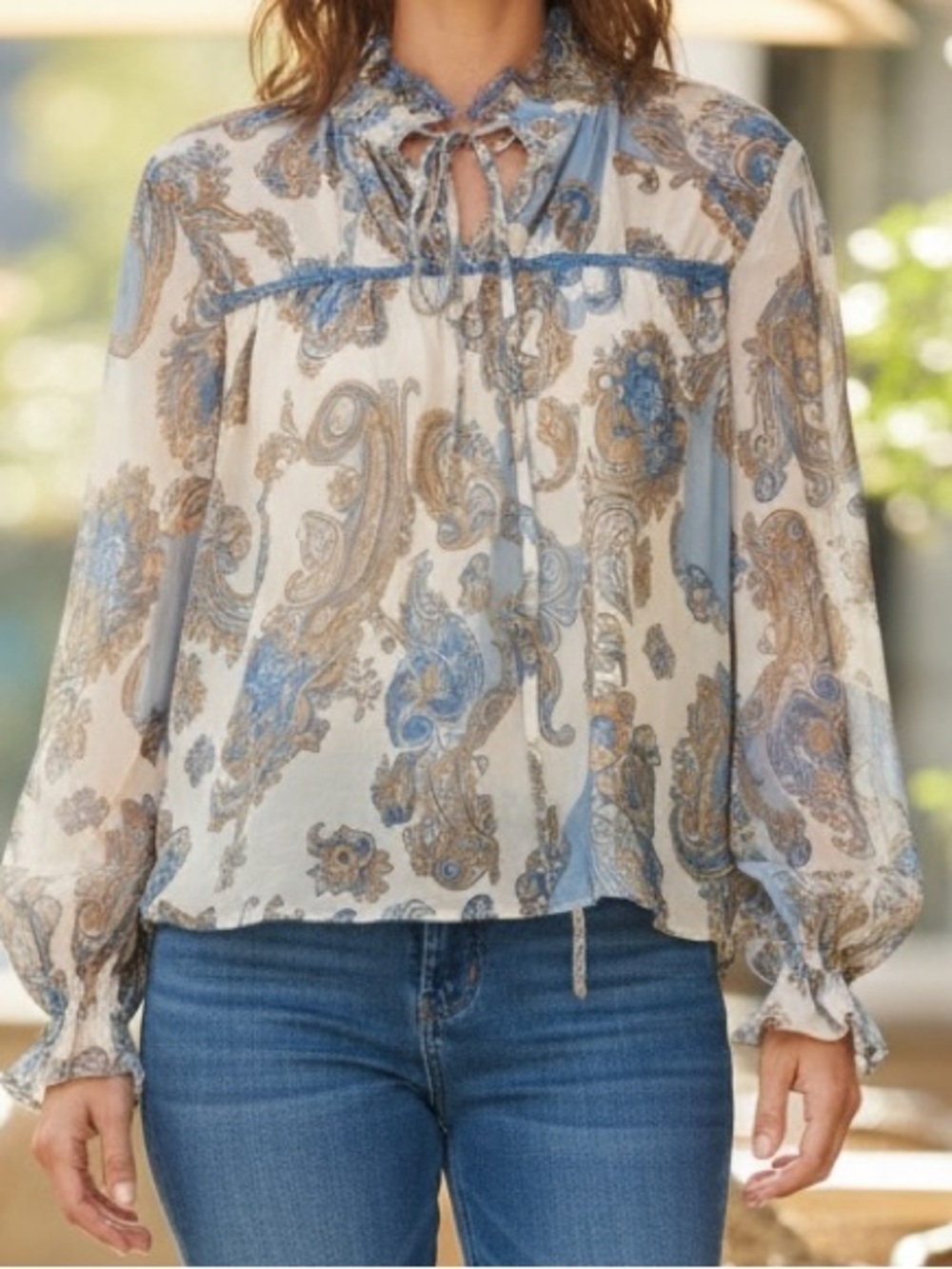 Blue and Cream Paisley Sheer Women's Spring Summer  Long Sleeve Blouse Top Sz L